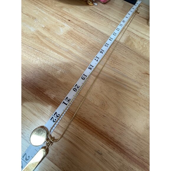 J. Crew Long Gold Tone Pendant Necklace With Double Chain & Polished Abstract Ch - Picture 7 of 7